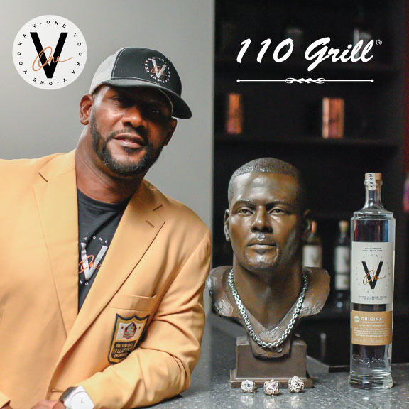Dine at 110 Grill and enjoy a cocktail prepared with clean-drinking @v1vodka, which is produced in partnership with Football Hall of Famer @officialtylaw! *V-One Vodka is currently not available at our New York locations.