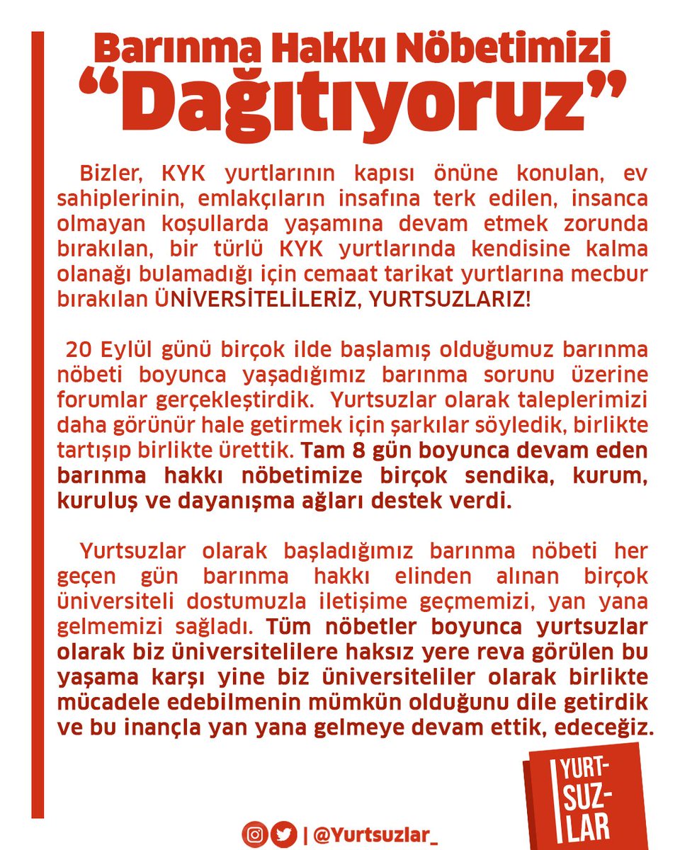 yurtsuzlar1's tweet photo. 📢 Barınma hakkı nöbetimizi  dağıtıyoruz !

Nöbetimizin 8. gününde 60`ı aşkın yurtsuz gözaltına alındı. 

Hakkımız olanı alana dek yurtsuzlara her yer yurt, her yer ev olacak!
#YurtsuzlarGözaltında
#BARINAMIYORUZ https://t.co/tPnLt64t6H