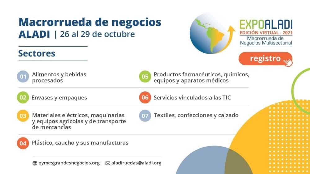 💡Los invitamos a la Macrorrueda de Negocios de <a href="/expoaladi/">EXPO ALADI</a> 2021, evento que tiene como objetivo impulsar el comercio exterior regional.

🗓 Fecha: del 26 al 29 de octubre 2021.