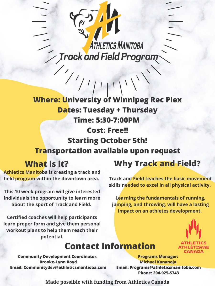 Athletics Manitoba is creating a 10 week track and field program to help bring track and field to the inner city and give youth a chance to learn more about the sport. The program starts October 5th at the University of Winnipeg Rec Plex!