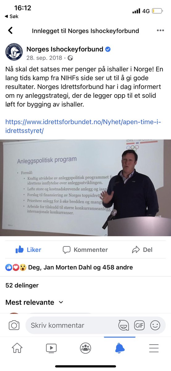 3 år siden i dag på Facebook, endelig noe å juble over for verdens største vinteridrett i Norge.  @idrett lover et solid løft for ishaller. 3 år senere, hva skjedde her??🤷🏼 <a href="/tom_tvedt/">Tom Tvedt</a> <a href="/abidraja/">Abid Raja</a> #2hockey