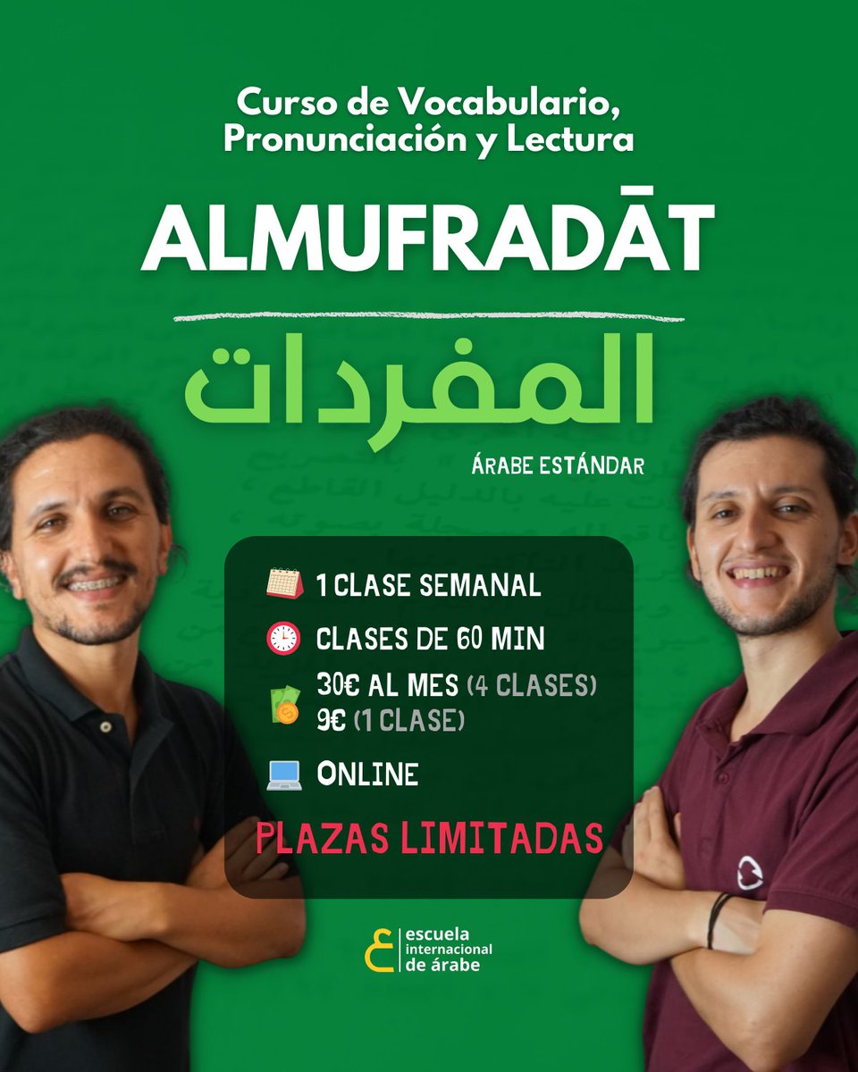 Acabamos de lanzar nuestro “Curso de Vocabulario, Pronunciación y Lectura en Árabe” y queremos celebrarlo con un SORTEO de hasta 3 suscripciones mensuales para Octubre 🥳

⬇ Participa aquí ⬇
instagram.com/p/CUYPq4hKBAY/