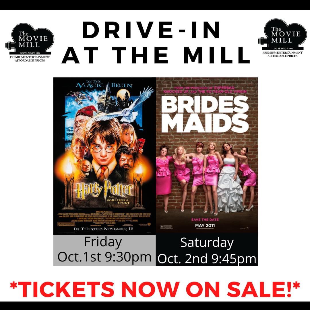 *Proof of vaccination NOT required for the drive-in*
We have a great line-up for the drive in this weekend!
HARRY POTTER AND THE SORCERER'S STONE - Friday October 1st @ 9:30pm
BRIDESMAIDS - Saturday October 2nd @ 9:45pm
Get tickets at the theatre or here: app.squarespacescheduling.com/schedule.php?o…