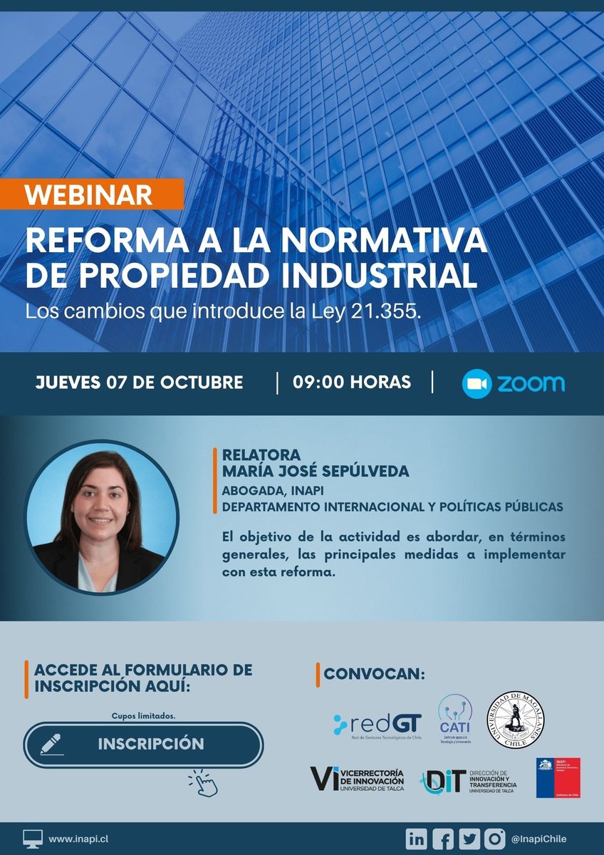 ¡Imperdible🚨! Participa en el Webinar🖥️: Reforma a la Normativa de Propiedad Intelectual - Los cambios que introduce la Ley 21.355. 
Jueves 07 de octubre - 09 horas 
Inscripciones en us02web.zoom.us/meeting/regist…