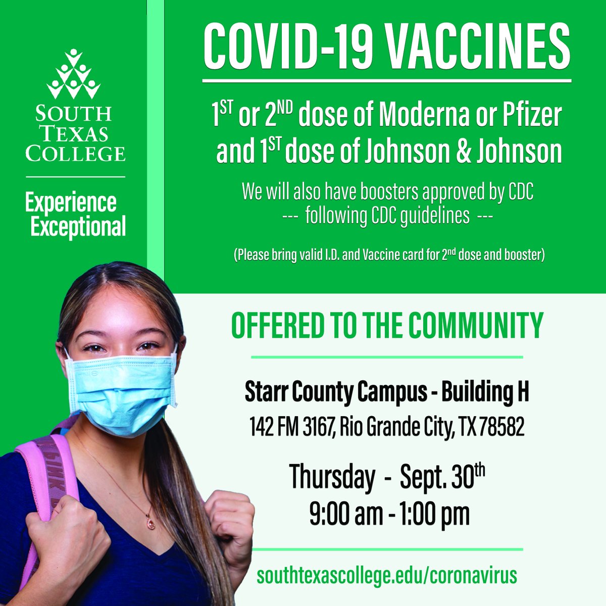 STC encourages everyone to help stop the spread of COVID-19 in our communities. We'll be hosting a vaccination clinic in partnership with Starr County on Sept. 30th from 9am - 1pm at our Starr County Campus (Building H).
