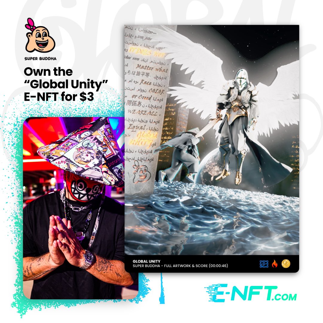 Help renowned street artist Super Buddha support Global Unity &amp; World Peace 🌎
Go to E-NFT.com now to grab your 3D artwork with original score ⭐️
Join us and be a part of history today 💥