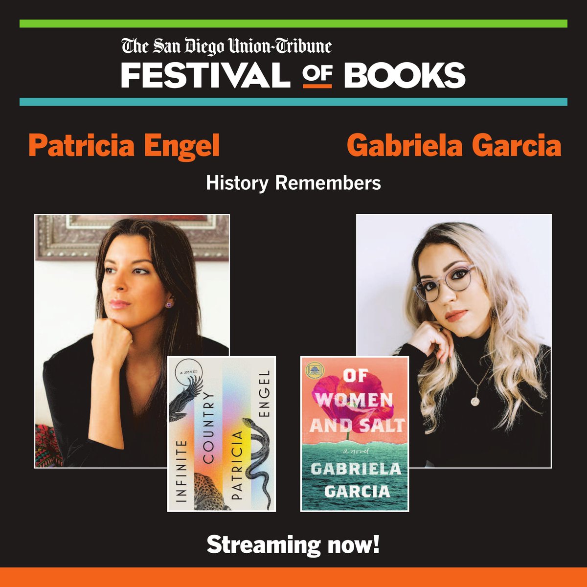 SDUTFOB's tweet photo. Celebrate and learn more about #HispanicHeritageMonth by watching the panel "History Remembers" featuring Hispanic authors, Patricia Engel and Gabriela Garcia. Head to https://t.co/CI9FKXLK5w and easily search by author last name to explore the festival website! #GrabABook https://t.co/oZq8lbIfN0