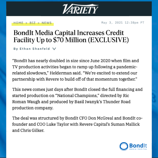 Buffalo8Pro's tweet photo. We’re so excited to announce BondIt Media Capital’s increase in credit facility now up to $70 Million. Thanks #Variety for the #Shoutout !

#BondItMediaCapital #BondIt #MediaFinancing #FilmFinance #CreditFacility #VarietyArticle #EntertainmentNews #Finance #MediaFunding https://t.co/RiR5CDud4R