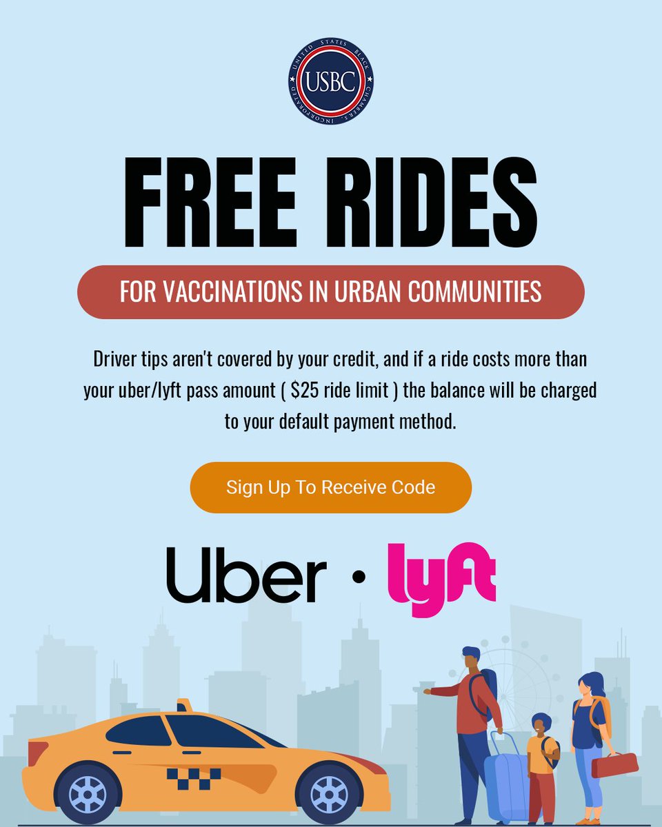 usblackchambers's tweet photo. We've partnered with Uber &amp; Lyft to help people of color in urban communities get vaccinated by providing roundtrip rides to your appointments or nearest vaccination site at no-cost. To learn more about #USBCVaccineRideshare information on COVID-19, visit https://t.co/TO0j43zodd https://t.co/q2r877DzIw