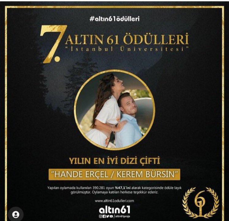 İstanbul Üniversitesi 7. Altın 61 Proje Ödülleri'nde "Yılın En İyi Dizi Çifti Ödülü" nün sahibi ise Hande Erçel ile Kerem Bürsin oldu. #HanKer