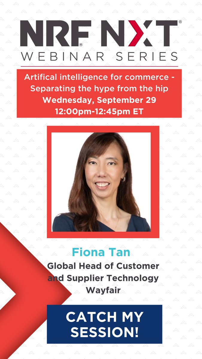 wayfairatwork's tweet photo. How is Wayfair using #AI to solve challenges that are unique to the home category? Register for tomorrow's free @NRF_NXT webinar to hear #WayfairTech's Fiona Tan cover this question and more! https://t.co/x1vaOCcHrV https://t.co/rXl9Y8VJMZ