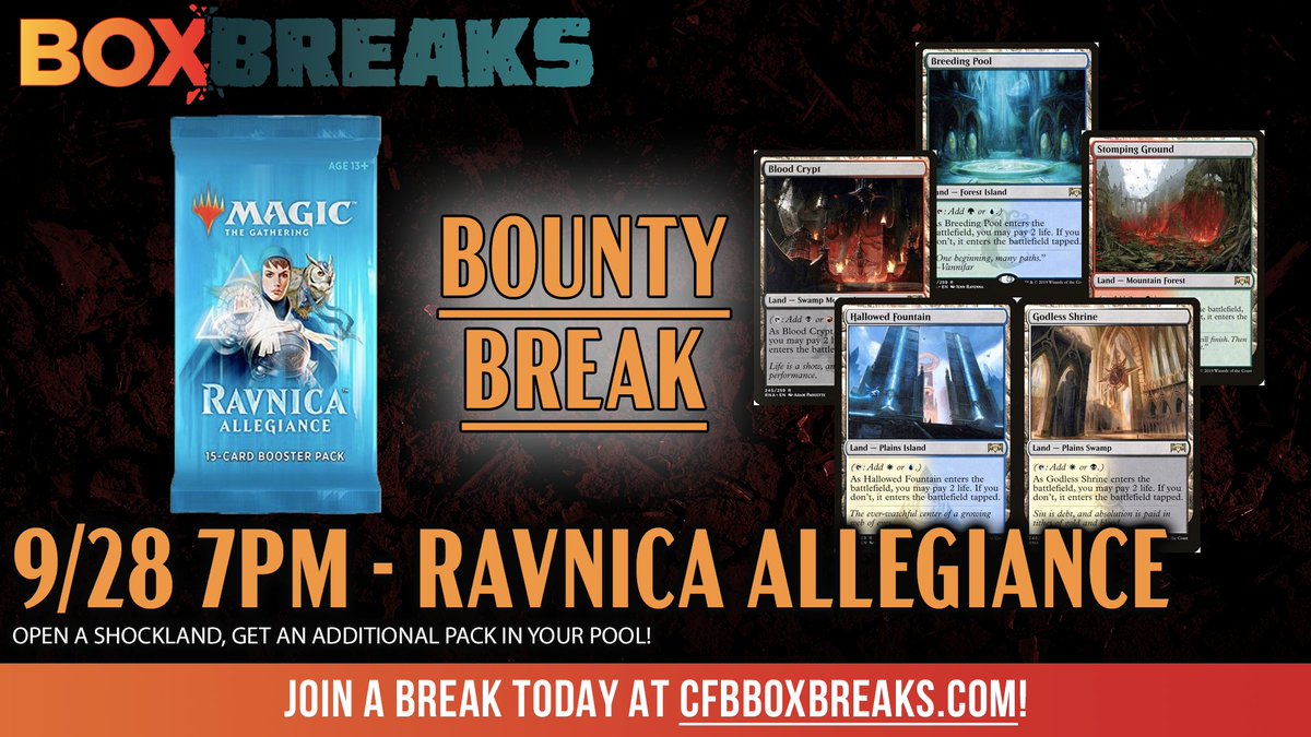 CFBBoxBreaks's tweet photo. Tonight's Bounty Break is a search for Shocks!

$24.99 for 6 packs of Ravnica Allegiance and for every shock opened, another pack is added to your pool.

https://t.co/a2iTqwuupL https://t.co/kIykcNV28V