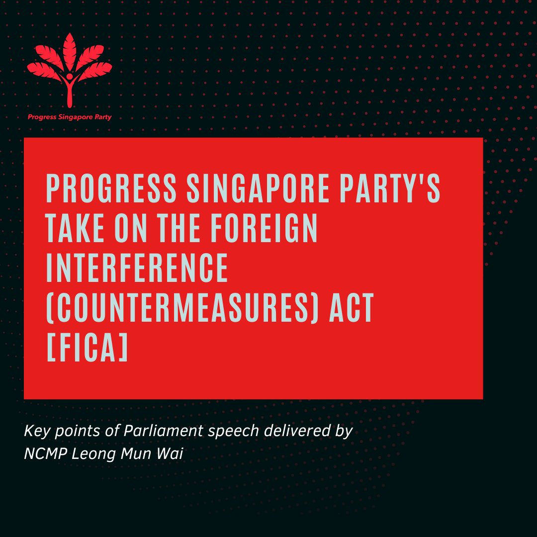 ProgressSgParty's tweet photo. If you missed the Parliament debate on the new #FICA bill, here is a summary of the speech made by NCMP Leong Mun Wai and the outcome.

We urge everyone to read up on FICA to understand how this new law impacts your daily life: https://t.co/h2vjczK428

#PSPSG #WhatTheFICA https://t.co/WoxQWuMOvR