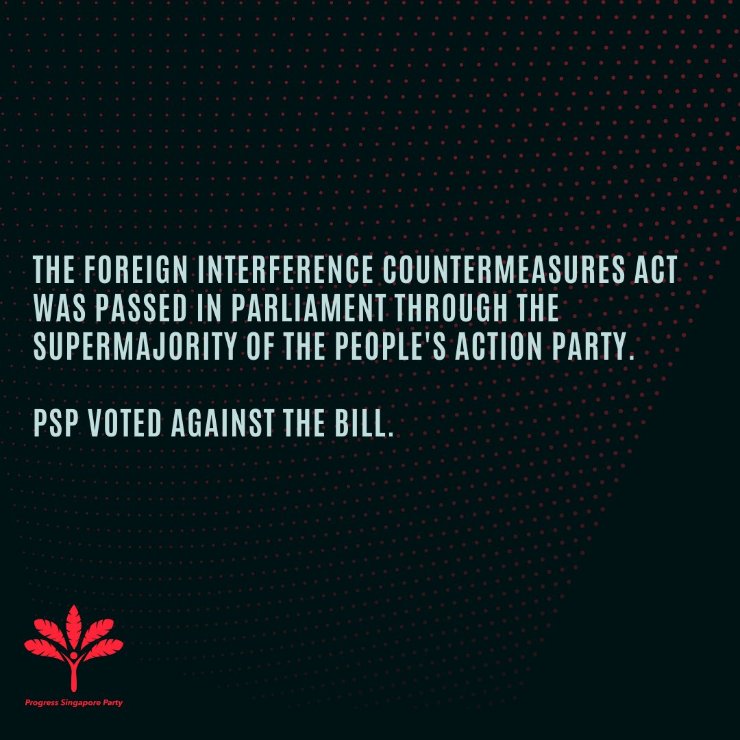 ProgressSgParty's tweet photo. If you missed the Parliament debate on the new #FICA bill, here is a summary of the speech made by NCMP Leong Mun Wai and the outcome.

We urge everyone to read up on FICA to understand how this new law impacts your daily life: https://t.co/h2vjczK428

#PSPSG #WhatTheFICA https://t.co/WoxQWuMOvR
