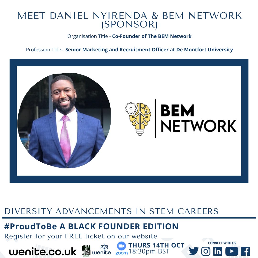 WeNiteStem's tweet photo. Meet Daniel, A Senior Marketing and Recruitment Officer at De Montfort University and Co-Founder at The BEM Network. They are a headline sponsor! 

A HUGE Thank You from us. 

Register at: https://t.co/ZirPKcBIXw https://t.co/ET1bgI4WjQ