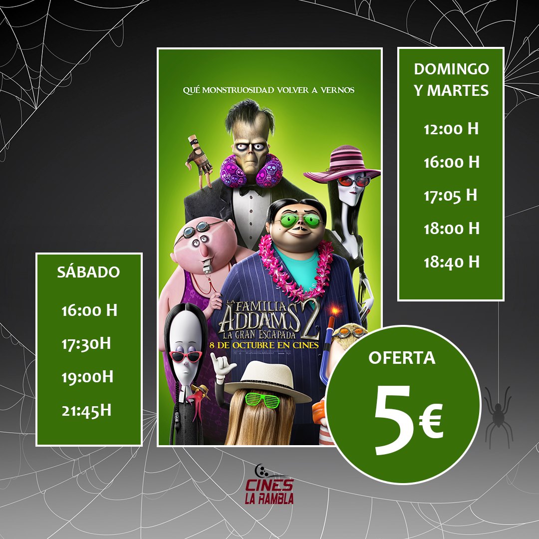 CINESLARAMBLA's tweet photo. La Familia Addams vuelve a la gran pantalla 🎬 y lo hace de vacaciones ⛱

🍿 Oferta Válida para cualquier sesión desde el Viernes 8 de octubre 📲 Consulta las sesiones en nuestra página web https://t.co/27ELQSPcVs. https://t.co/5HDKsGOxrc