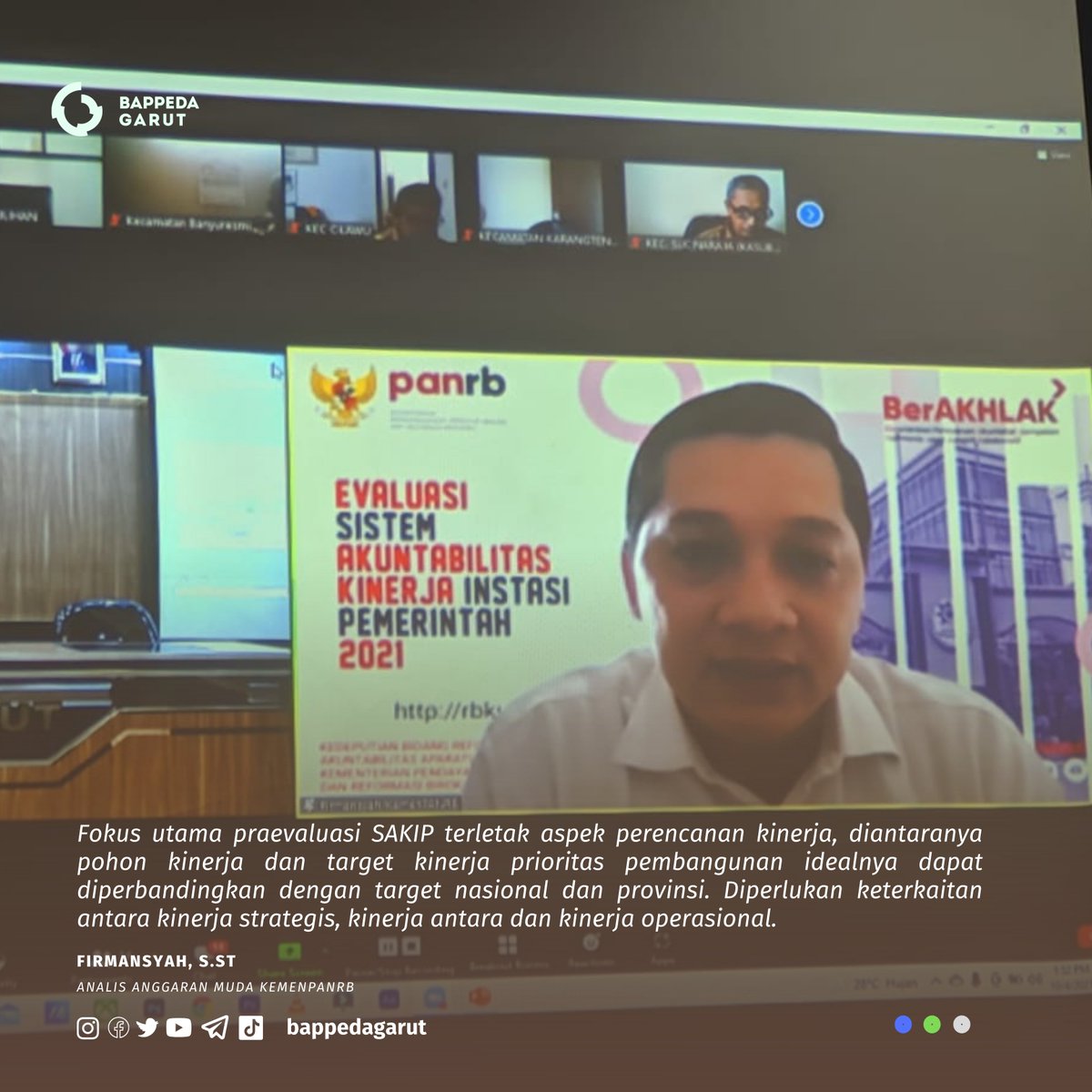 bappedagarut's tweet photo. Wilujeng Siang #WargiGarut Dalam rangka peningkatan hasil evaluasi SAKIP (Sistem Akuntabilitas Kinerja Instansi Pemerintahan) Tahun 2021, dilaksanakan praevaluasi secara hybrid baik secara tatap muka di Aula Bappeda Kabupaten Garut maupun di ruang virtual (04/10) https://t.co/4e8dJzxQuk