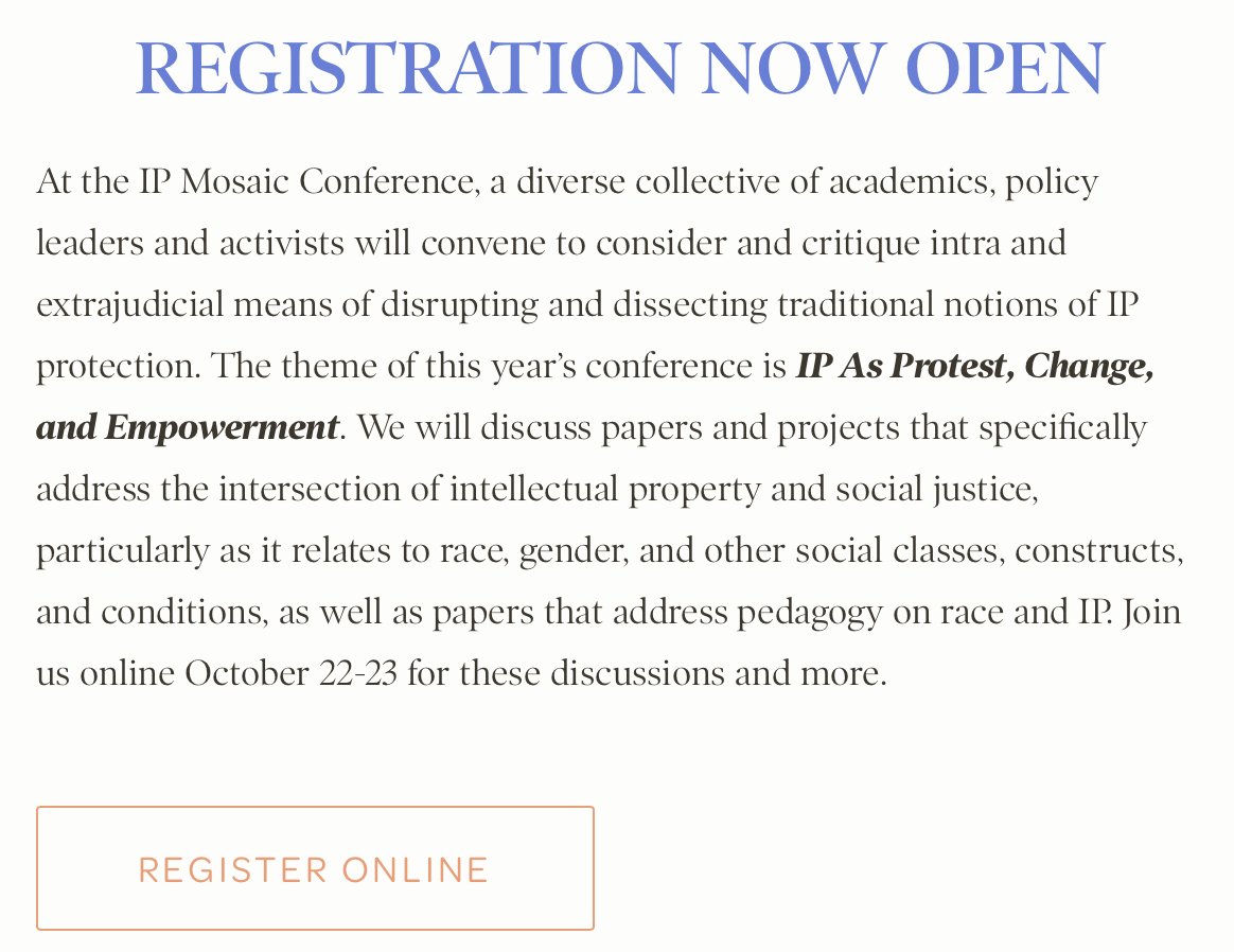 drmpWOLF's tweet photo. Registration NOW open: 7th IP Mosaic Conference: "IP as Protest, Change, and Empowerment" (Fri-Sat, 22-23 Oct '21)
https://t.co/NrjPxWDTJY
Registration free, event online!
@IPSocialJustice @theflistmusic
#Inclusion #Access #Empowerment #IPLaw #IPChange #WomenInMusic #FemIP https://t.co/FeEzT8zvfQ