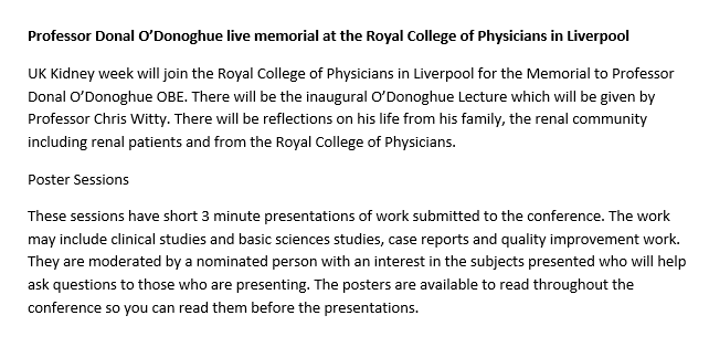 #UKKW2021 <a href="/UKKWVirtual/">UKKW 2021 Virtual</a> summary Wednesday 6th Oct part 2. Poster sessions run at regular intervals - see ukkw.org.uk 
At 1pm today there'll be a memorial <a href="/RCPhysicians/">Royal College of Physicians</a> with <a href="/UKKidney/">The UK Kidney Association</a> &amp; <a href="/kidneycareuk/">Kidney Care UK @kidneycareuk.bsky.social</a> You can sign up for it here  player.rcplondon.ac.uk/live/Professor… 2/2