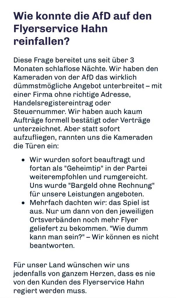 politicalbeauty's tweet photo. „Für unser Land wünschen wir uns jedenfalls von ganzem Herzen, dass es nie von den Kunden des Flyerservice Hahn regiert werden muss.“ https://t.co/sECtY3KTlY