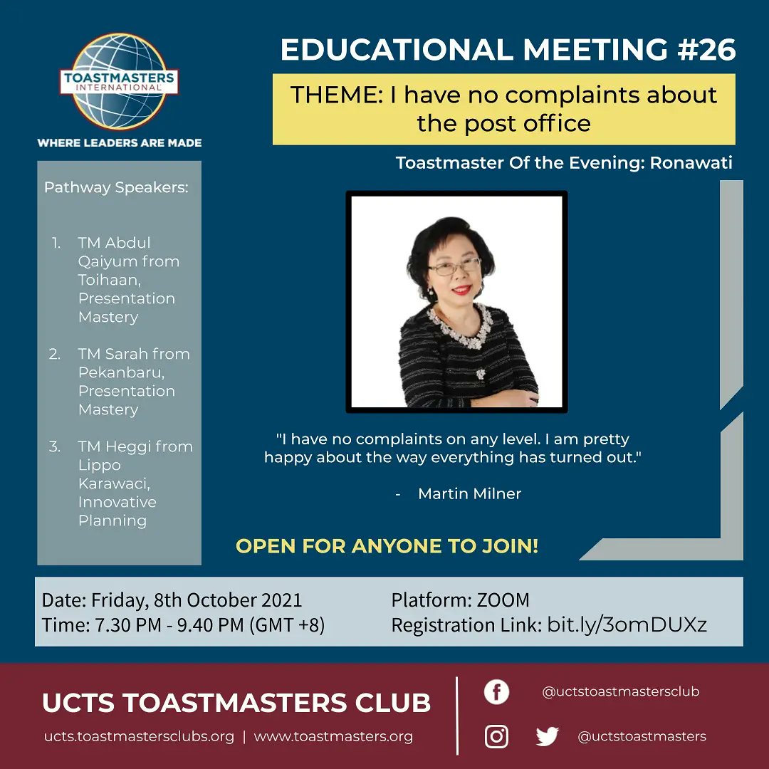 A pleasure to see all of you again!

UCTS Toastmasters Club would like to invite you to our Educational Meeting this Friday! A very unique theme, Admin is definitely curious, and I'm sure you are too! Click in the link in our Bio to register, see ya there!

#toastmasters
