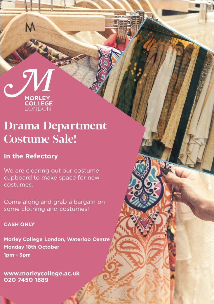 We're having a costume sale! Come along and grab a bargain on Monday 18 October from 1-3pm in the Waterloo Centre Refectory <a href="/morleycollege/">Morley College London</a> <a href="/MorleyOpera/">Morley Opera School</a> <a href="/morleympa/">Morley Music & Performing Arts</a>