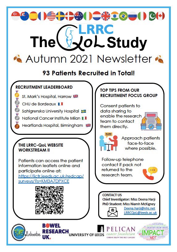 The LRRC-QoL Study Autumn newsletter is out now featuring top tips from our recruitment focus group for centres recruiting to workstream II 📣🍂

9️⃣3️⃣ patients recruited! 

#LRRCQoL #teamwork #collaborativeresearch #PROMs