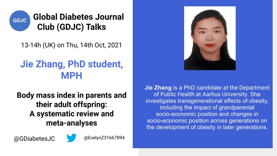 GDiabetesJC's tweet photo. Next #GDJC Talk: Oct 14, 13-14h UK time

We have Jie Zhang @EvelynZ31667894 from @AarhusUni_int to talk about intergenerational transmission of #obesity - fascinating topic!

Registration to join Zoom call: https://t.co/i3RIRObqEQ https://t.co/FsYkA4akdI