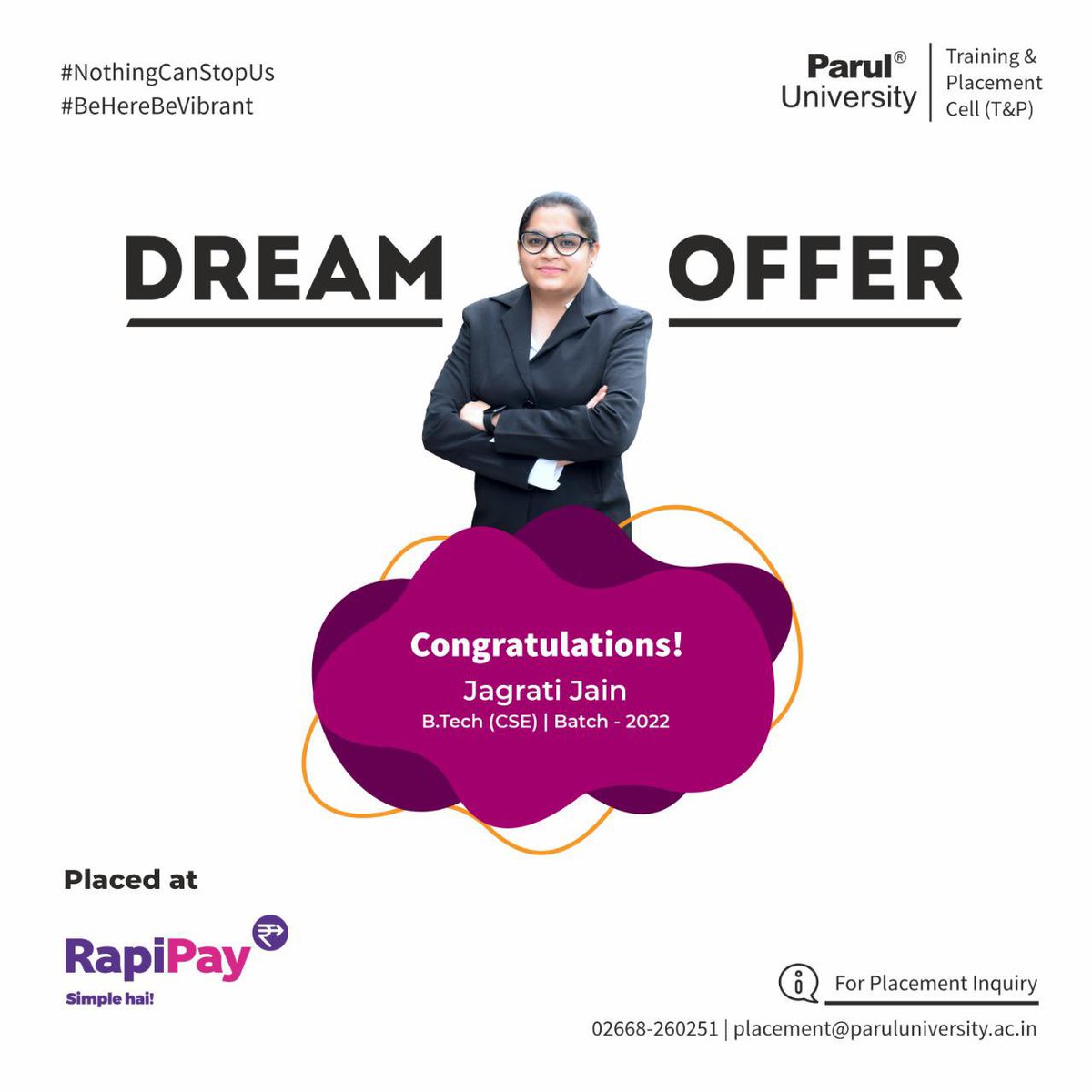 drdevanshupatel's tweet photo. #DreamOffer #Above5LPA #PUPlacements #ParulUniversity #2022Batch #Rapipay #Btech #CSE 
We would like to sincerely thank the entire team of Rapipay Fintech Private Limited for providing an opportunity to our students. Congratulations to Jagriti Jain from BTech CSE-2022 Batch. https://t.co/sF0ro6OGMn