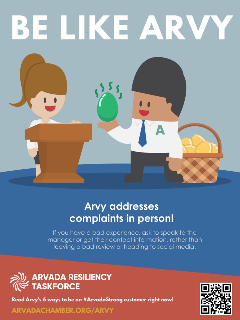 cityofarvada's tweet photo. Arvy addresses complaints in person. If you have a bad experience at an Arvada business, ask to speak to the manager or get their contact info rather than leaving a bad review or heading to social media. Be #ArvadaStrong and #BeLIkeArvy. https://t.co/c3NkDMijiC https://t.co/p859cNdGuq
