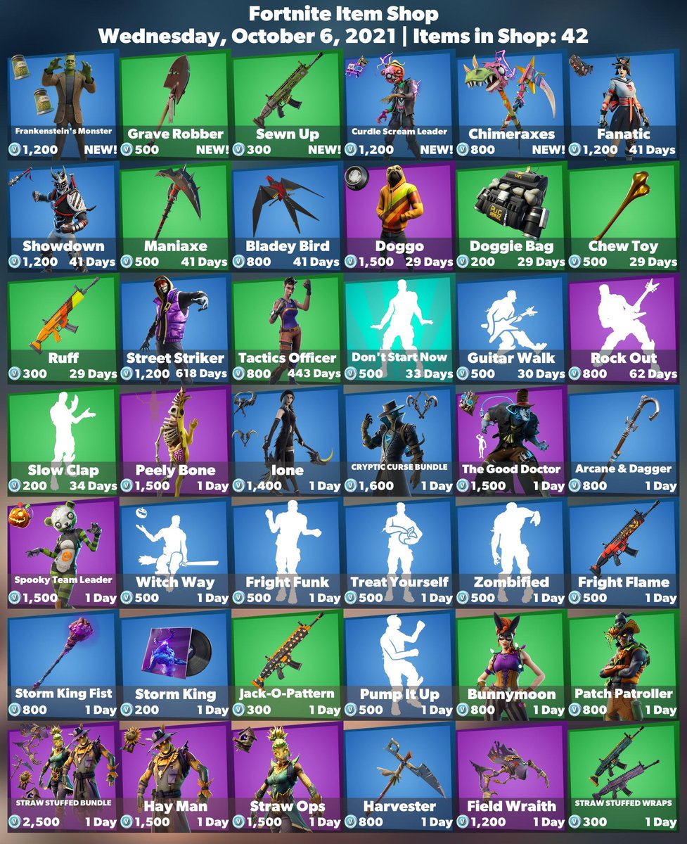 FortLeaksNews's tweet photo. Fortnite Item Shop🛒 (October 6th 2021) 

Use Code: FLNEWS 

#Fortnite #FortniteChapter2 #FortniteSeason7 #FortniteLeaks #fortniteitemshop #fyp #FortniteInvasion #FortniteNews #Fortniteshop #EpicGames #EpicPartner #FortniteBR #itemshop #shop #BattleRoyale #Fortniteleak #leaks https://t.co/9hLTJdTGV9