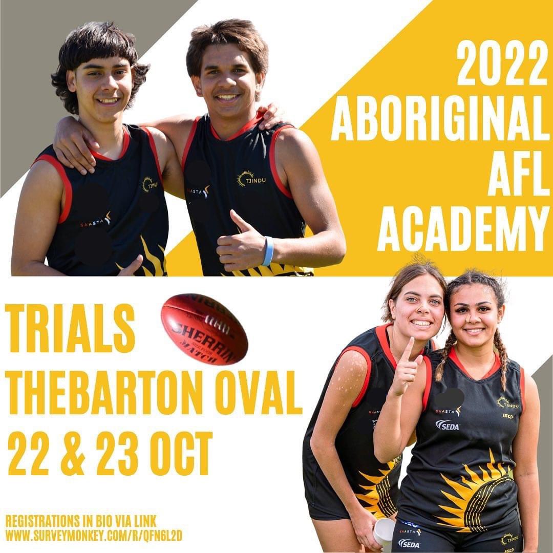 We would love any young person in years 10-12 to be apart of the Tjindu Aboriginal AFL Academy in 2022. 

Register via surveymonkey.com/r/QFN6L2D

Trials at Thebarton Oval Friday 22 Oct 4:30pm-7:00pm &amp; Saturday 23 Oct 9:30am-12:30pm

More info at enquiries@tjindufoundation.org.au