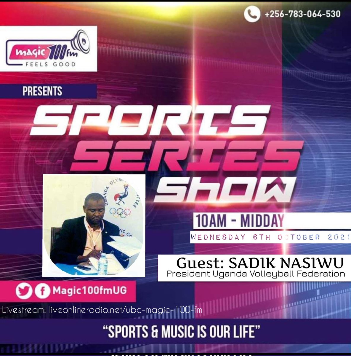 Jermaine Egesa (@jermaine_egesa) on Twitter photo On Today's Sports Series Show
I host the President of <a href="/Ugvolley/">Volleyball Uganda</a> Sadik Nasiwu as we discuss the state-of-affairs in Volleyball and sports in general.
Plus the analysis on the major sports stories.
10 to Noon on <a href="/Magic100FMUG/">Magic100FM</a>
#LetsJam On Today's Sports Series Show
I host the President of <a href="/Ugvolley/">Volleyball Uganda</a> Sadik Nasiwu as we discuss the state-of-affairs in Volleyball and sports in general.
Plus the analysis on the major sports stories.
10 to Noon on <a href="/Magic100FMUG/">Magic100FM</a>
#LetsJam