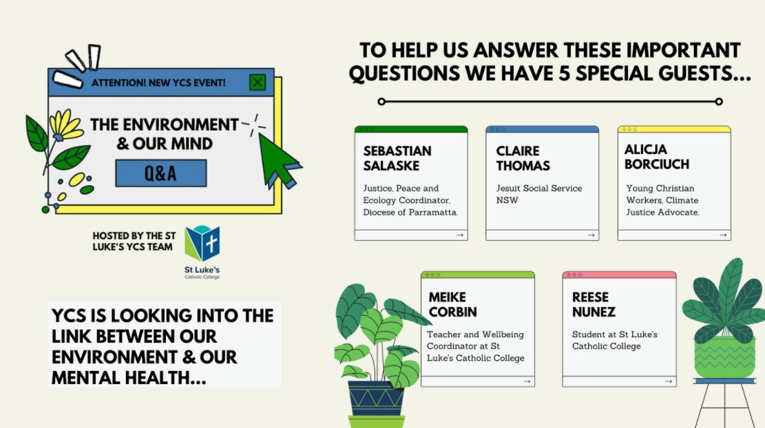 You are all invited to join us tomorrow night at 6 pm for a Q&amp;A event run by the school's YCS team. We will be exploring the link between our environment and our mind. To join please click the link below and register ahead of time.
parracatholic.zoom.us/meeting/regist…