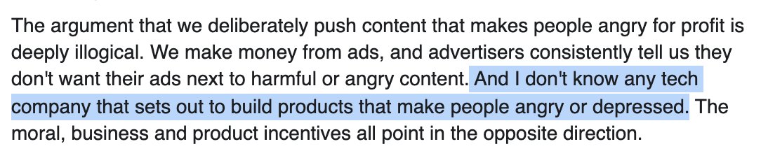 petermikitsh's tweet photo. Straw man! Nobody is saying that it was FB's intent to make people angry. It's merely a byproduct. "I don't know any tech company that sets out to build products that make people angry or depressed" https://t.co/JGdqGvzMqc