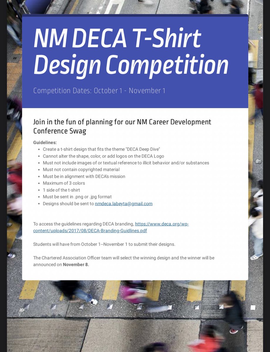 Hey New Mexico DECA! We want your design on this year’s state conference t-shirts and pins! Link to access the guidelines regarding branding is in bio!