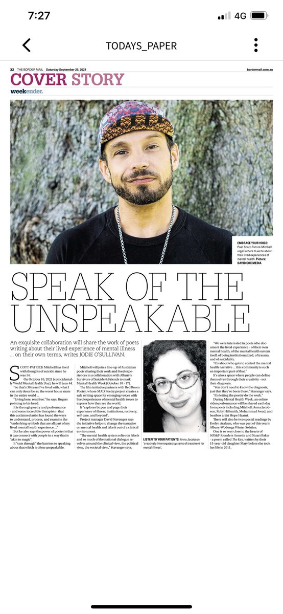 Great article in the <a href="/bordermail/">bordermail</a> covering our special collaboration with Survivors of Suicide &amp; Friends which runs 10-16 Oct featuring <a href="/HopeOneBeatbox/">Hope One</a> <a href="/spmpoet/">Scott-Patrick Mitchell</a> <a href="/RubyHillsmith/">Ruby Hillsmith (◕ᴗ◕✿)</a> @poetry_anna <a href="/evelynaraluen/">evelyn araluen</a> @DavidStavanger 💙

Trigger warning: this post contains content about suicide