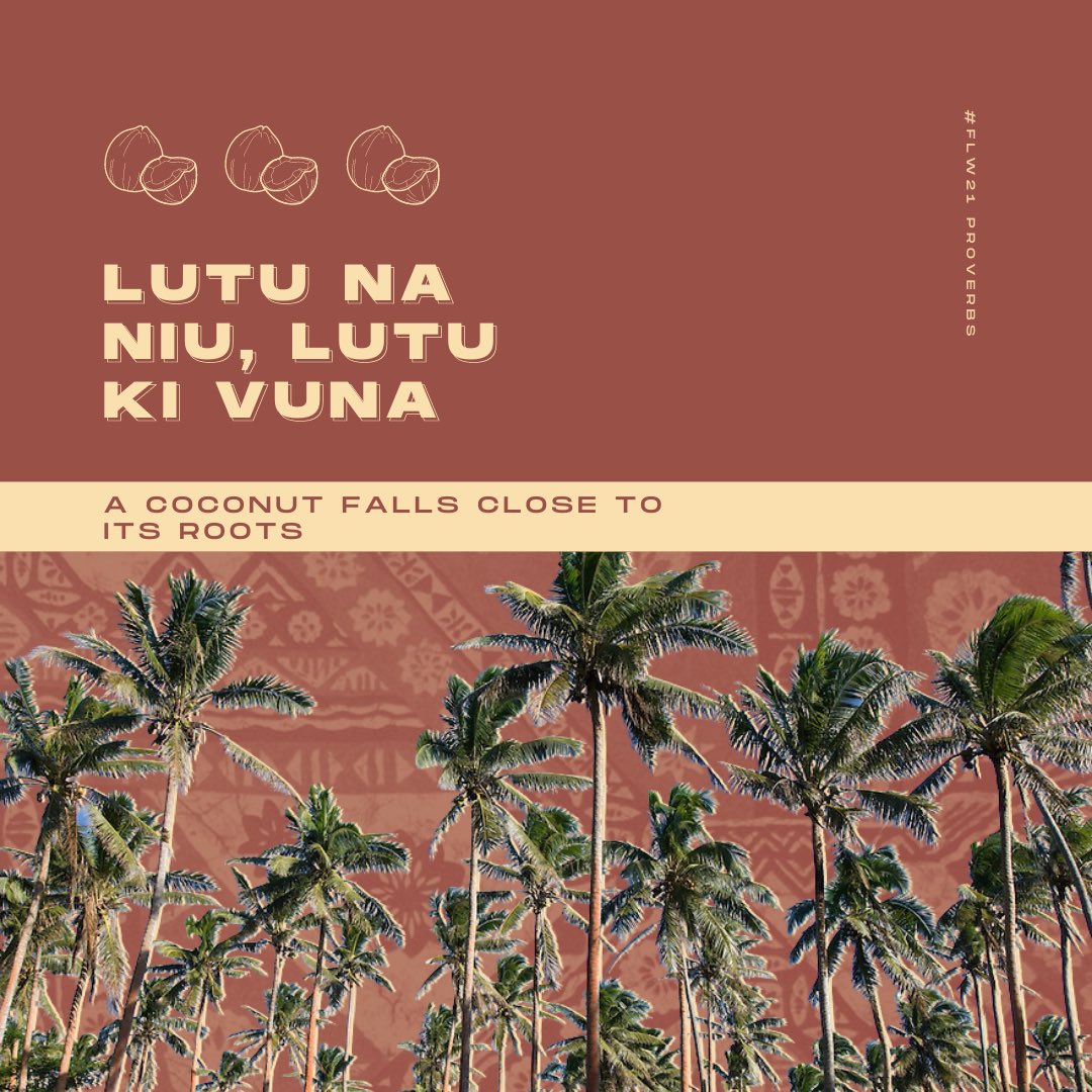 MedicalPasifika's tweet photo. #FijiLanguageWeek our proverb of the day is ‘lutu na niu, lutu ki vuna’ which translates to ‘a coconut falls close to its roots’ - referring to childrens’ personalities and behaviours closely imitating what they’ve been taught at home 🌊 https://t.co/bazMhecnRg