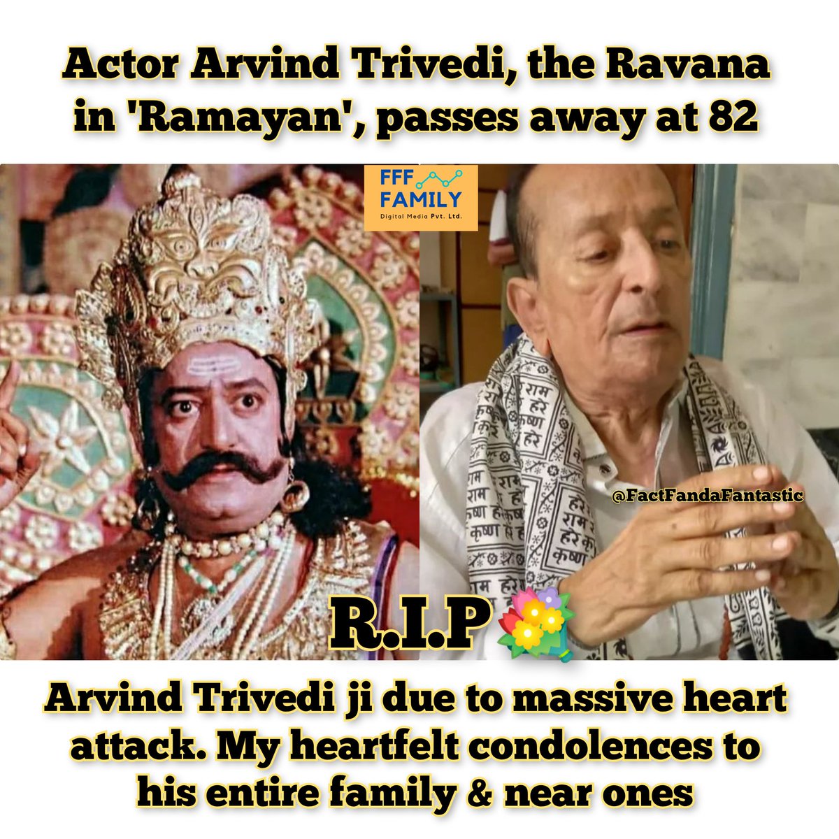 Macksteyn's tweet photo. In a career spanning over three decades, the theatre, TV and film actor had starred in almost 300 Hindi and Gujarati projects. He is also remembered for his role in the cult TV show 'Vikram Aur Betaal'.

#RIP #Ravan #ramayna https://t.co/GaStsH88DU