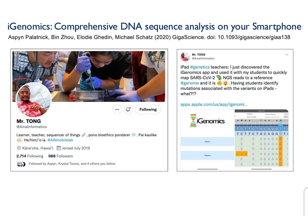 Mr. TONG (@ainainformatics) on Twitter photo I've made it. My iGenomics stan tweet made an appearance in a National Human Genome Research Institute talk by <a href="/mike_schatz/">Michael Schatz</a> on the democratization of #genomics.
Genome science in the high school classroom is the future... we are just getting started! I've made it. My iGenomics stan tweet made an appearance in a National Human Genome Research Institute talk by <a href="/mike_schatz/">Michael Schatz</a> on the democratization of #genomics.
Genome science in the high school classroom is the future... we are just getting started!