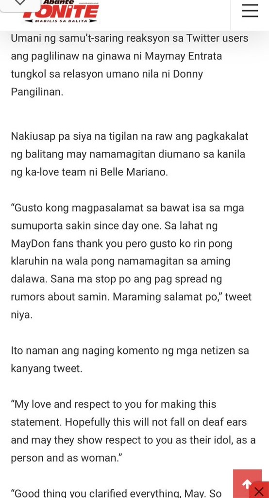 BbLoveMD's tweet photo. With due respect @AbanteNews @archieliao02 the headlines u made was degrading & a slanderous allegations towards Maymay Entrata. Defaming her reputation using malicious terms & contents are encouraging & inviting netizens to hating and bashing. In some ways its a form of BULLYING https://t.co/E9E22vPU6u