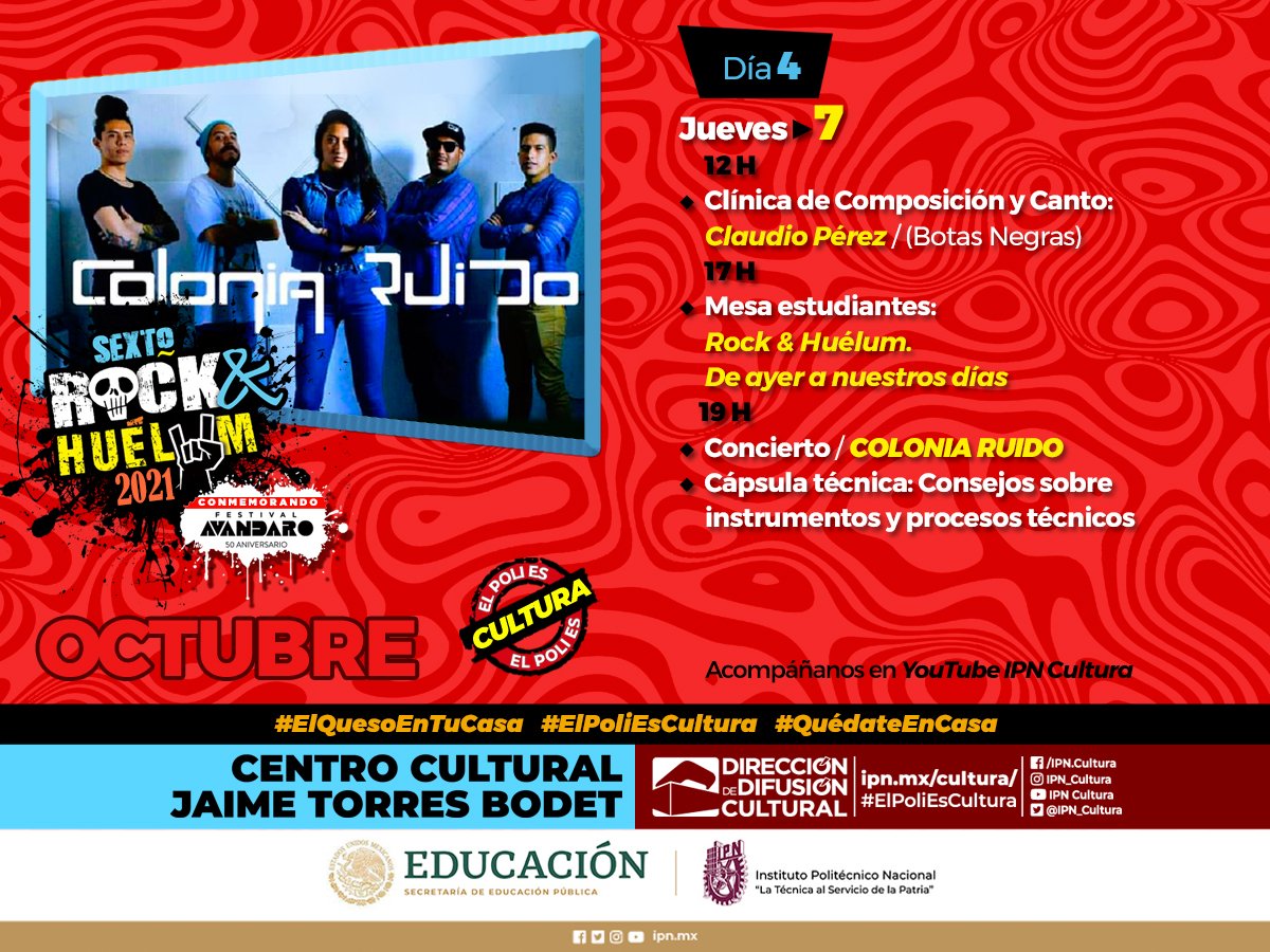 IPN_Cultura's tweet photo. #RockNHuélum 2021. Conmemorando el 50 Aniversario del #FestivalAvándaro. Día 4: #ClaudioPÉREZ, Mesa de Estudiantes y #ColoniaRuido. Jueves 7 de octubre. Por #YouTubeIPNCultura. https://t.co/blM5NK4lWN

#ElQuesoEnTuCasa.
#ElPoliEsCultura. https://t.co/BKFc6Ysrgx