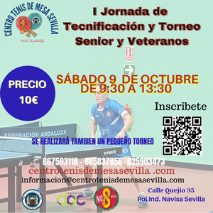 ctmhispalis's tweet photo. El sábado 10 de octubre el Centro de Tenis de Mesa Sevilla Miki Juarbe, organiza la I Jornada de Tecnificación y Torneo Senior y Veteranos. 

La jornada empezará con una pequeña Tecnificación y concluirá con un Torneo

Inscripción de 10€ 
Apúntate 👉https://t.co/ofOr5UQmG5 https://t.co/xr3QZXSkbw