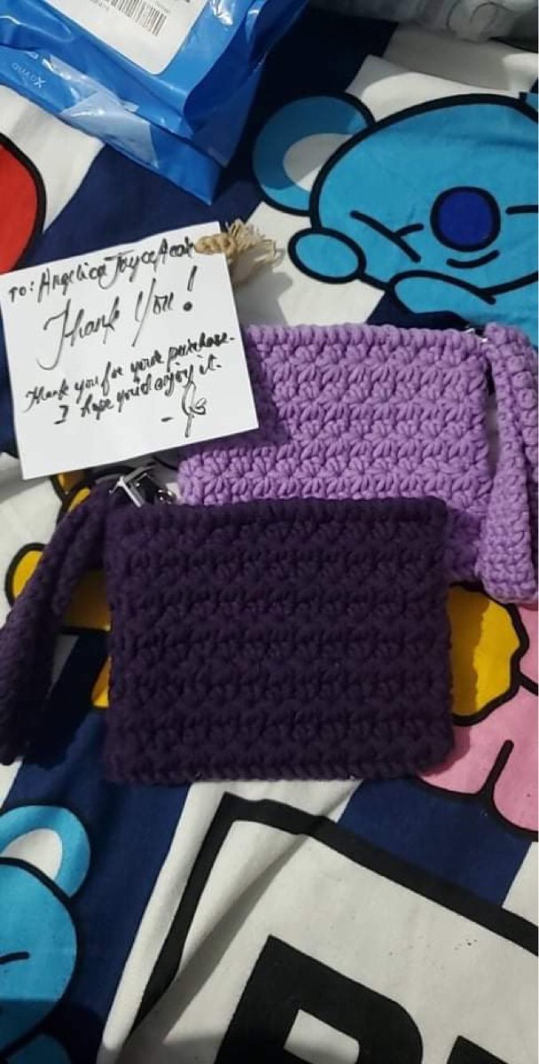 annekharla's tweet photo. These crocheted purses for me and @KimnamjoonMr are amazing!π₯° thank you so much, @doosunangel! We love it! π https://t.co/tKu0QWFA4t