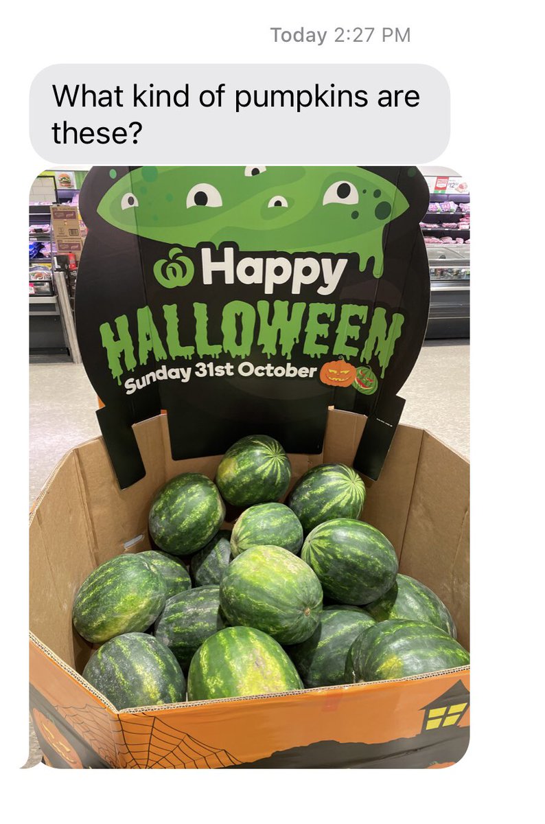 WynneLockhart's tweet photo. I’m a Canadian expat in Australia. Asked my gf to get a pumpkin from the shop so I can make pie. Here’s what she texted me.😂 Aussies are still working on understanding Halloween. #expatlife https://t.co/MJtH4mLzlQ