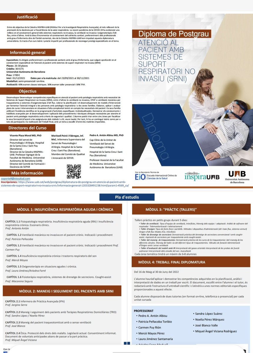 txellpeiro's tweet photo. Ja tenim aquí el primer postgrau d'Atenció al pacient amb sistemes de suport respiratori no invasiu (SRNI) amb la @InspiraUab de la @UABBarcelona que amb molta il·lusió hem pogut fer realitat. Matrícula oberta! #noninvasiveventilation #vni #SRNI @EnfermeriaSepar @socapnet @SPulmo https://t.co/kM3oC0FIGU