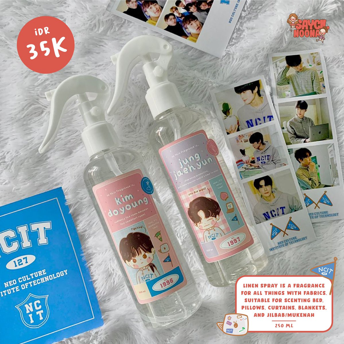 NoonaSaycil's tweet photo. [HELP RT❗️😳]

NCIT Linen Spray 🔫💦🌸

Linen Spray adalah pengharum bahan dengan material kain! Contohnya adalah bed cover, bantal, selimut! Welcome kamar wangiii🌸🌸

Avilable 4 variant : 
♡ doyoung (paradise)
♡ haechan (lavender)
♡ mark (ocean)
♡ jaehyun (chillin’) https://t.co/k0a7iVWwZz