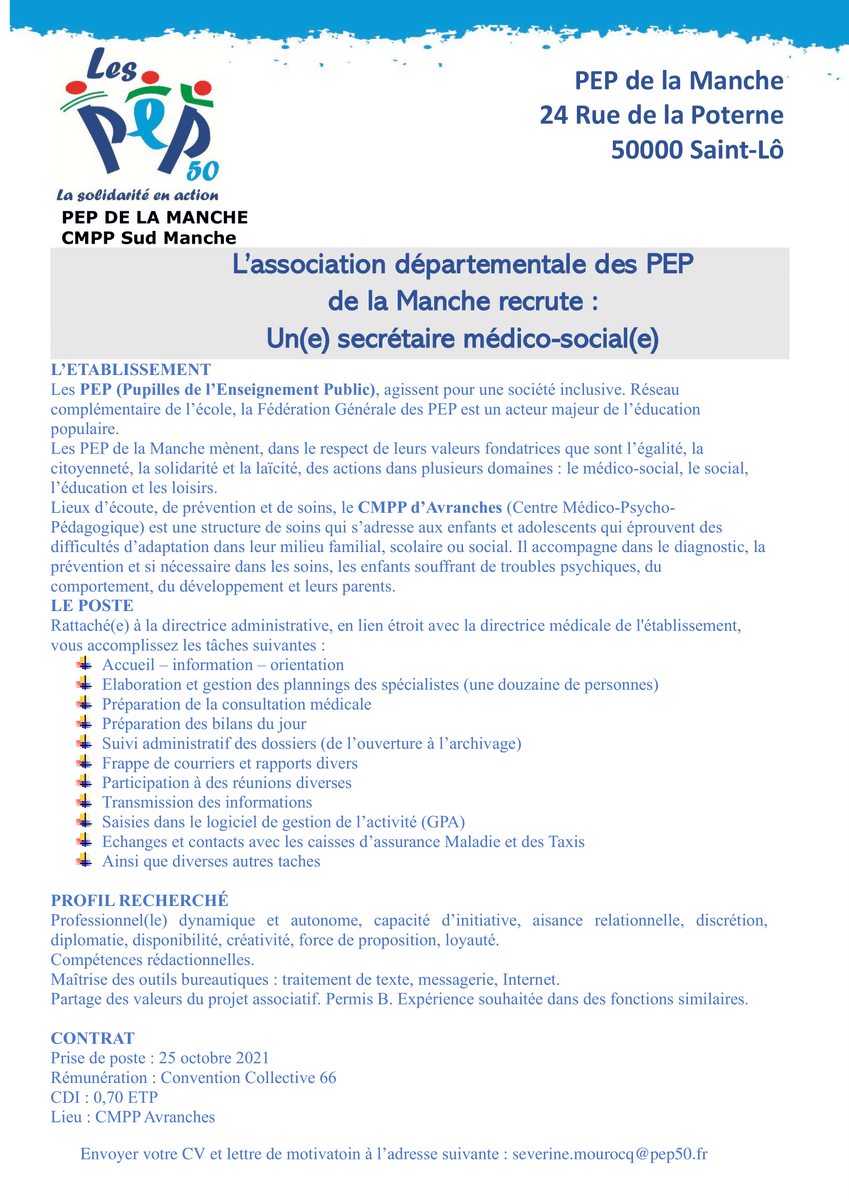 lespep50's tweet photo. 📢Offre d'emploi

👩‍💻L'association des PEP 50 recherche un(e) secrétaire médico-social(e).👨‍💻

➡️ N'hésitez pas à partager !

Plus d'informations par mail à severine.mourocq@adpep50.org

#offre #emploi #Manche #travail #Normandie #manche #work https://t.co/AZco3Jk1R4
