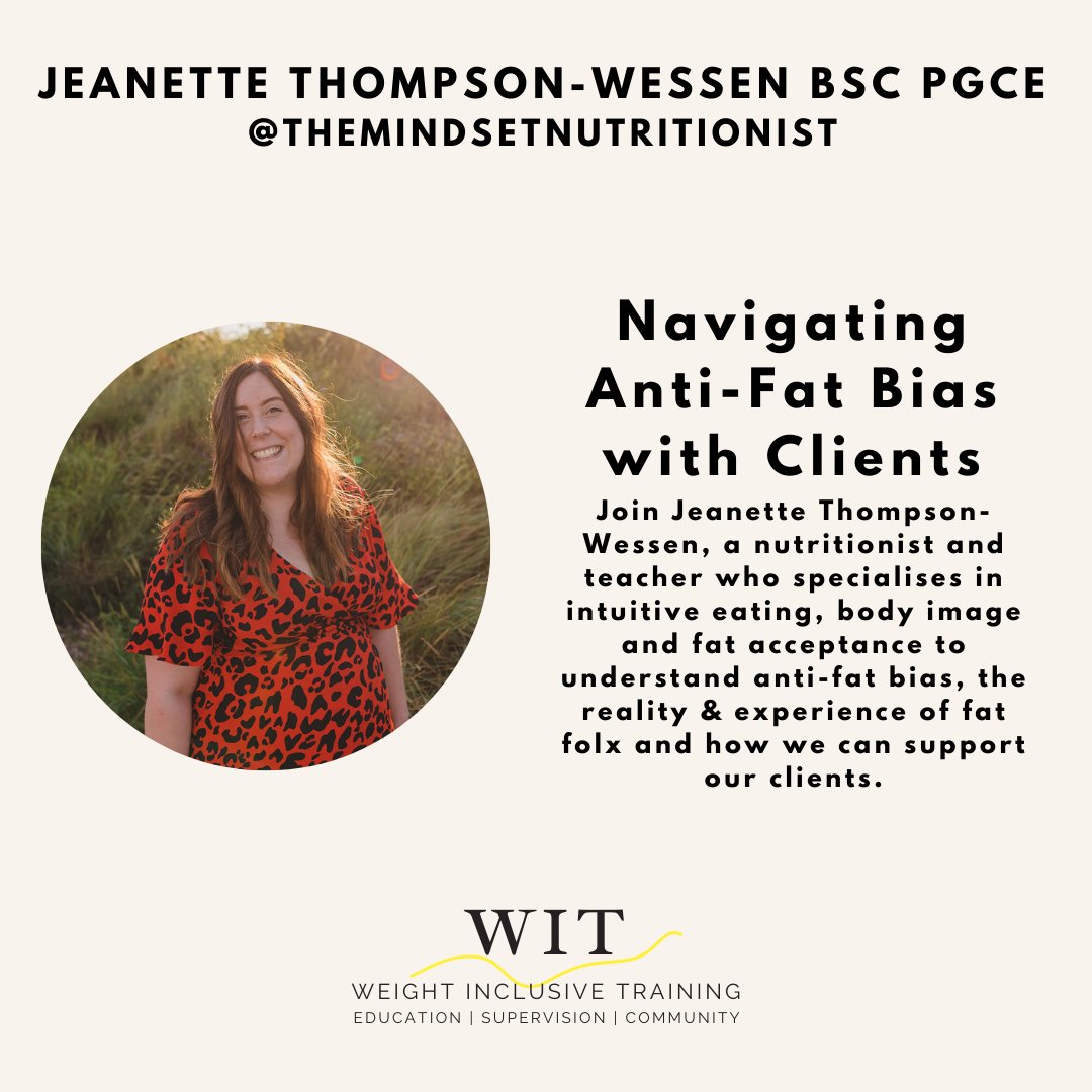 WIT_CPD's tweet photo. Jeanette Thompson-Wessen joins us this evening for a webinar on Navigating Anti-Fat Bias with Clients.

Join us at 7pm or catch up in the webinar library (available within 24 hours of the webinar finishing!).

See you then 👋 https://t.co/6vXnCbyeMr