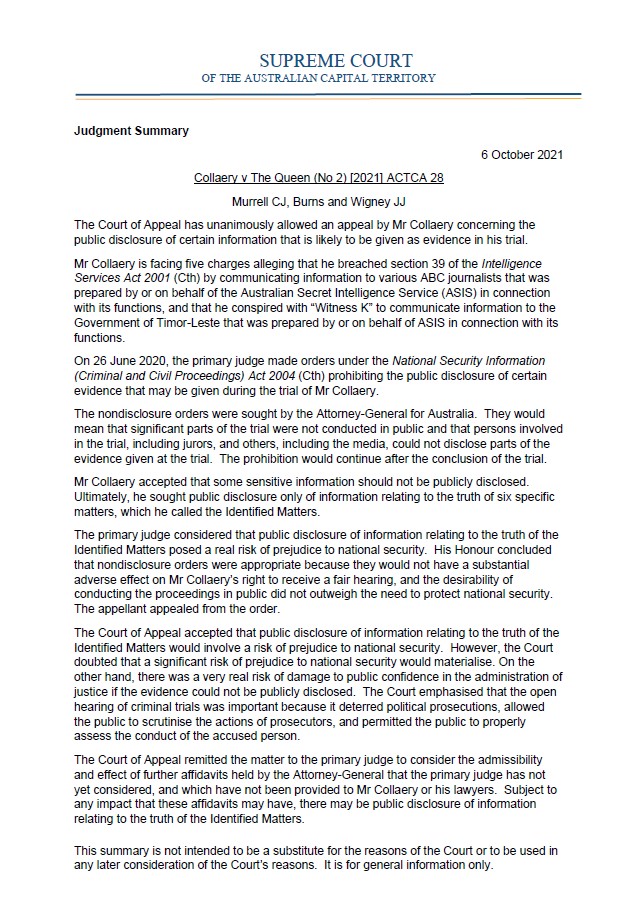 meegan_meier's tweet photo. "--- there was a very real risk of damage to public confidence in the administration of justice if the evidence could not be publicly disclosed." Murrell CJ, Burns and Wigney JJ  re: #BernardCollaery appeal 👍 https://t.co/ERpOgorPVt